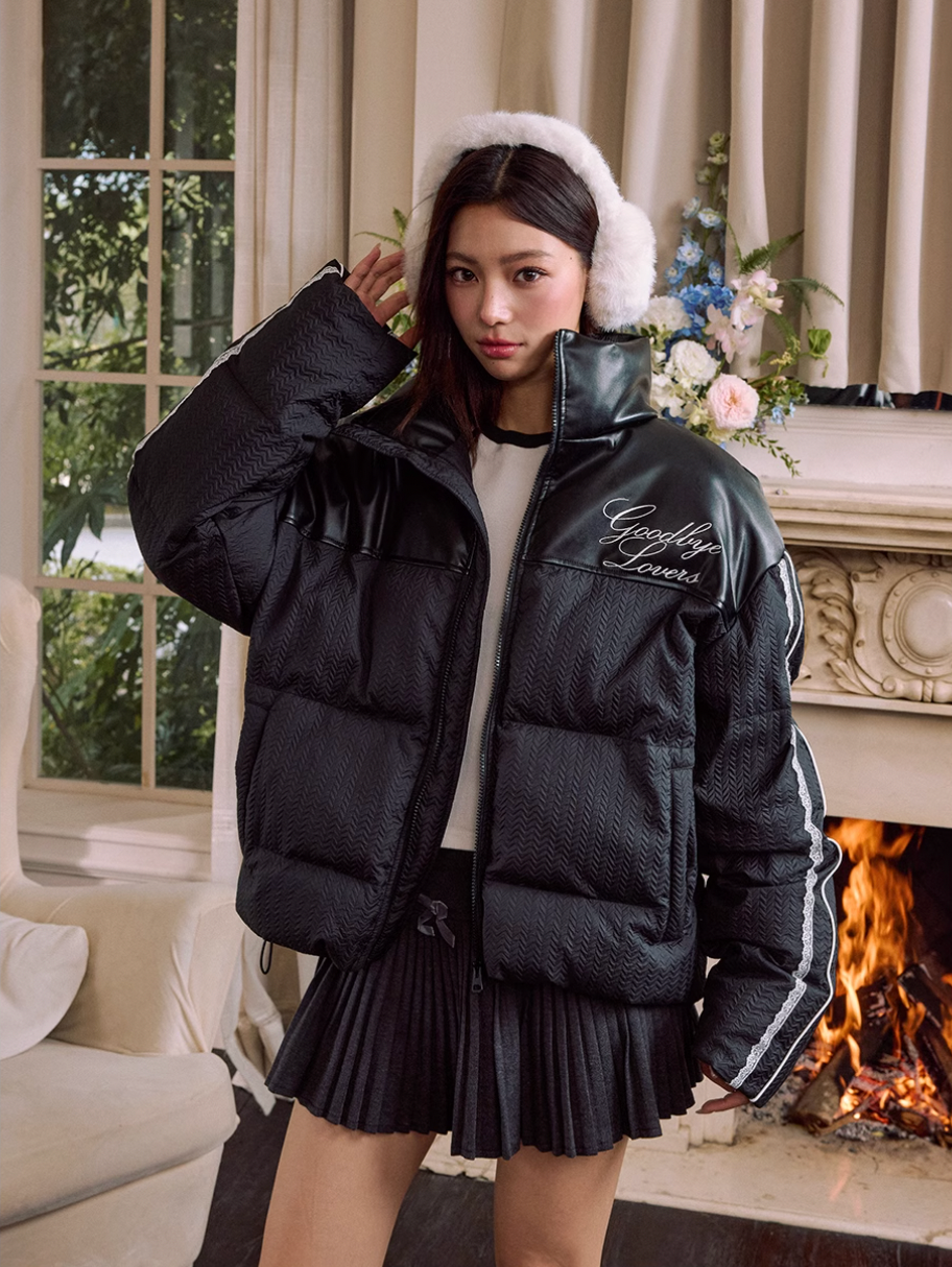 Harsh and Cruel PU Leather Lace Panel Short Puffer Jacket | Face 3 Face