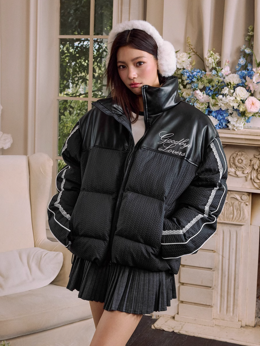 Harsh and Cruel PU Leather Lace Panel Short Puffer Jacket | Face 3 Face