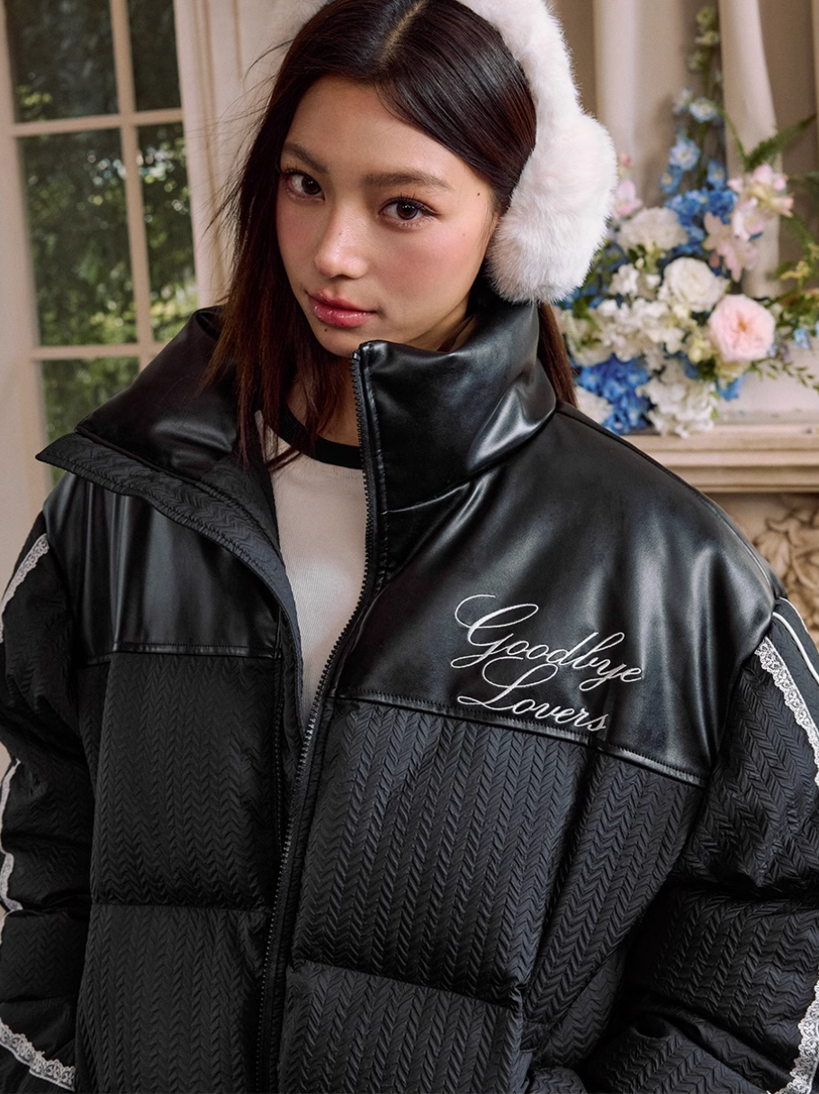 Harsh and Cruel PU Leather Lace Panel Short Puffer Jacket | Face 3 Face