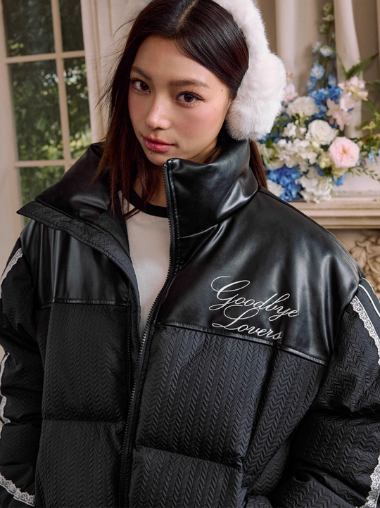 Harsh and Cruel PU Leather Lace Panel Short Puffer Jacket | Face 3 Face