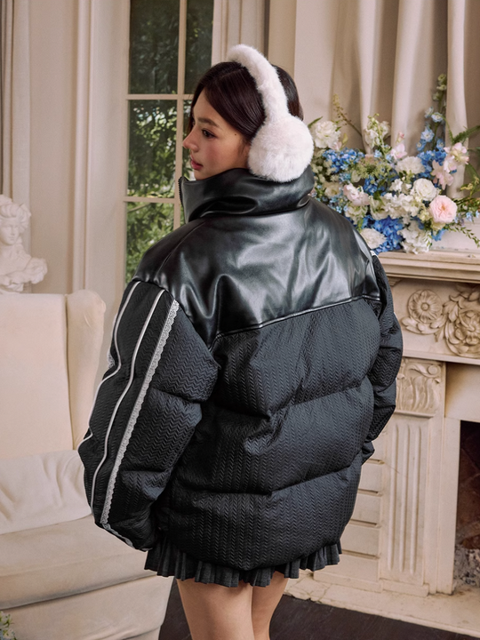 Harsh and Cruel PU Leather Lace Panel Short Puffer Jacket | Face 3 Face