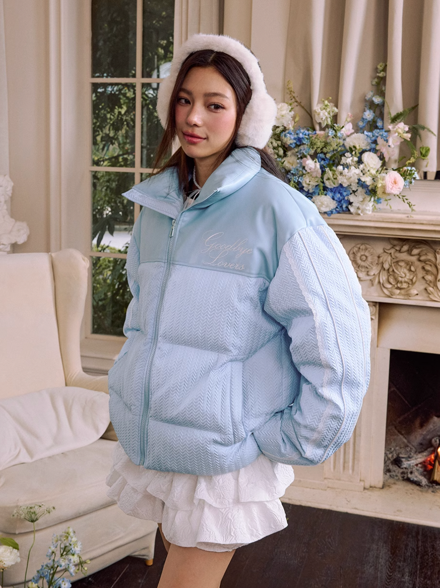 Harsh and Cruel PU Leather Lace Panel Short Puffer Jacket | Face 3 Face