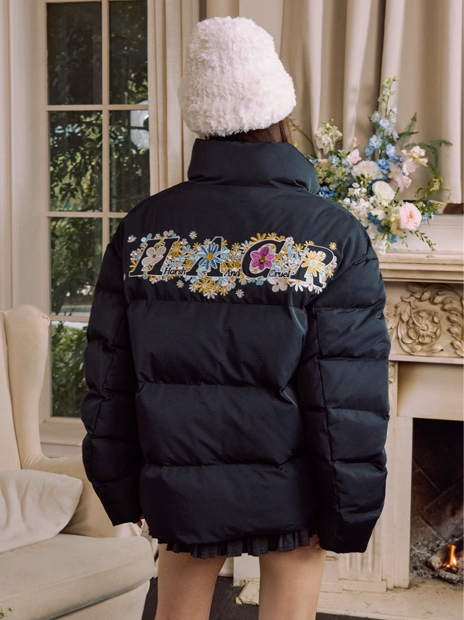 Harsh and Cruel Flowers Embroidery Puffer Jacket | Face 3 Face