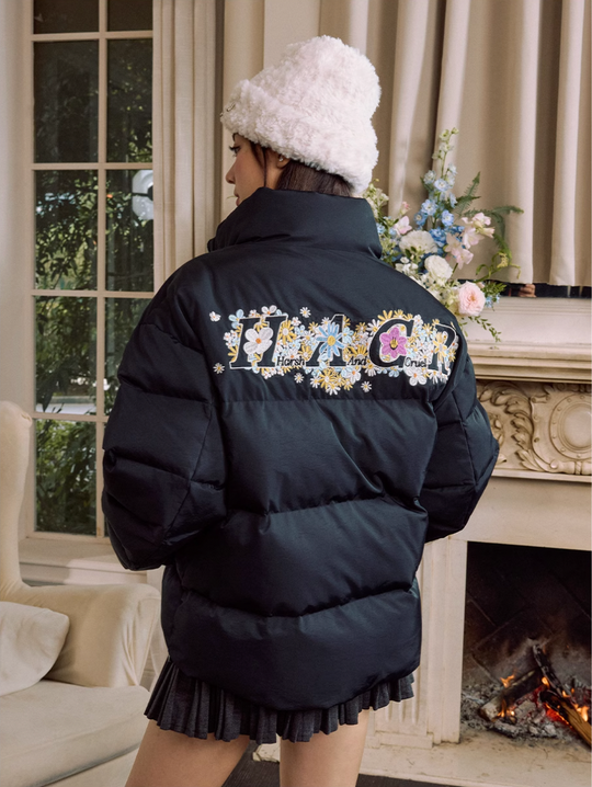 Harsh and Cruel Flowers Embroidery Puffer Jacket | Face 3 Face