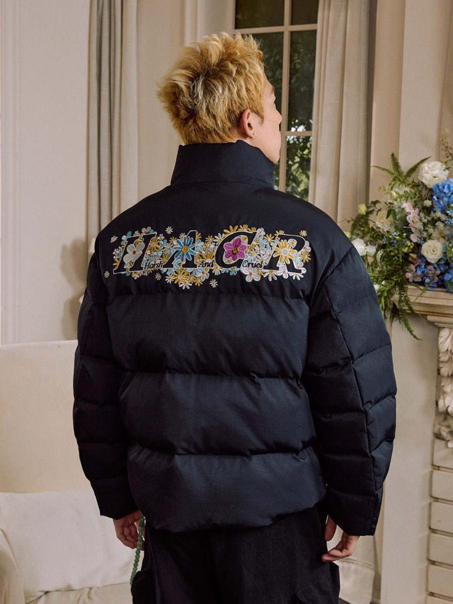 Harsh and Cruel Flowers Embroidery Puffer Jacket | Face 3 Face