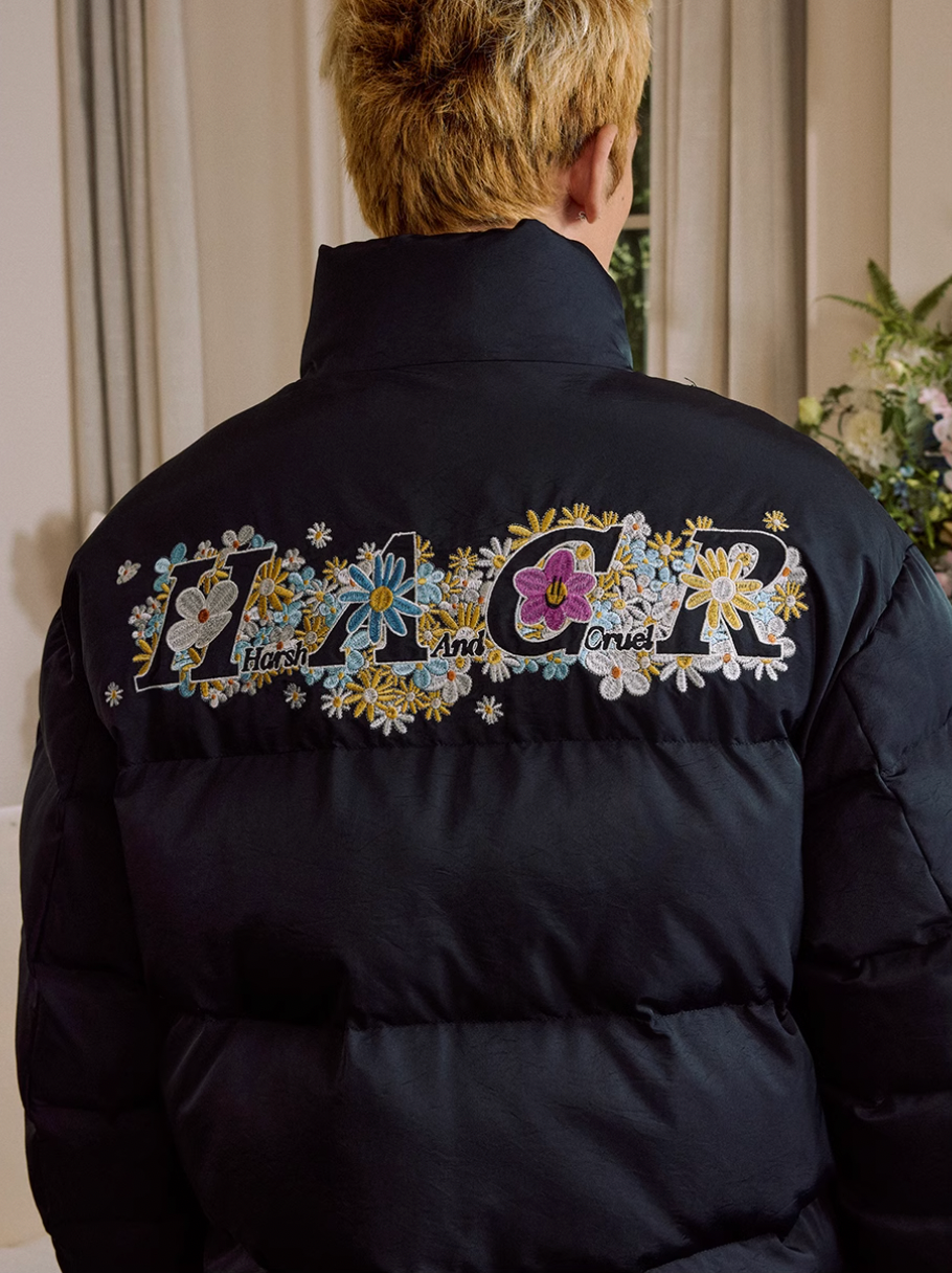 Harsh and Cruel Flowers Embroidery Puffer Jacket | Face 3 Face