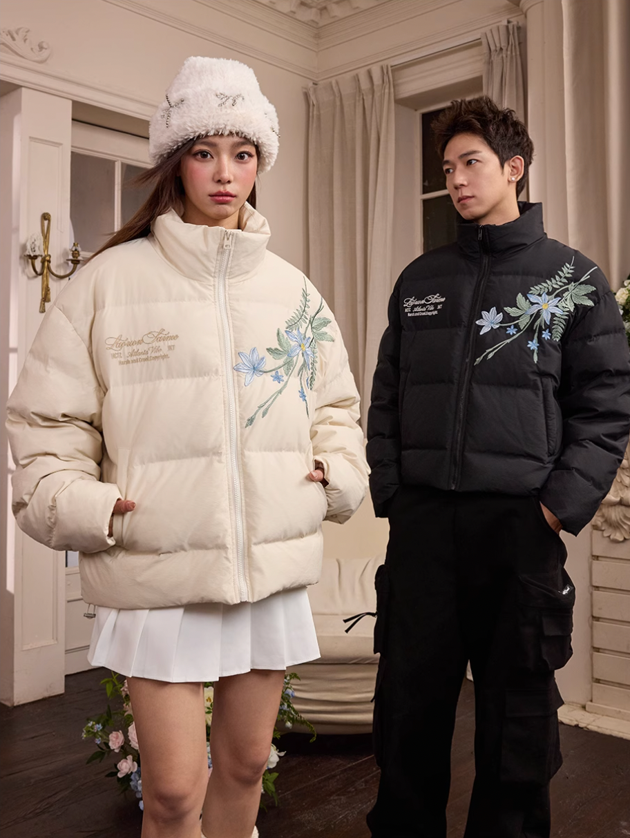 Harsh and Cruel Blue Flower Embroidery Puffer Jacket | Face 3 Face