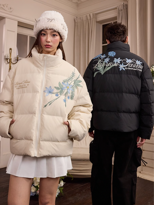 Harsh and Cruel Blue Flower Embroidery Puffer Jacket | Face 3 Face