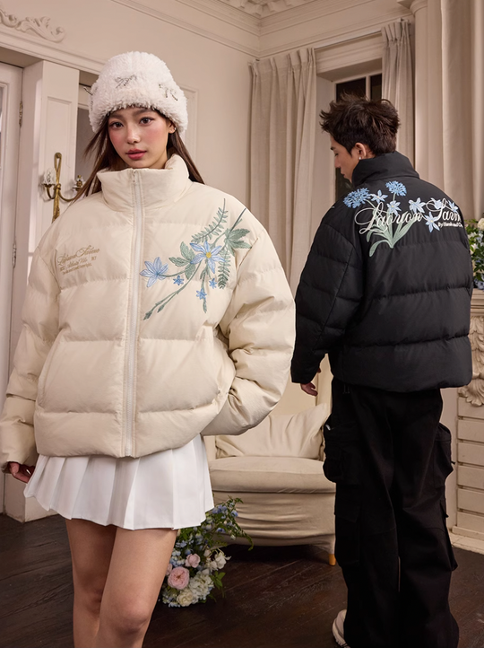 Harsh and Cruel Blue Flower Embroidery Puffer Jacket | Face 3 Face