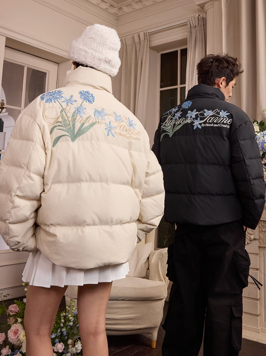 Harsh and Cruel Blue Flower Embroidery Puffer Jacket | Face 3 Face