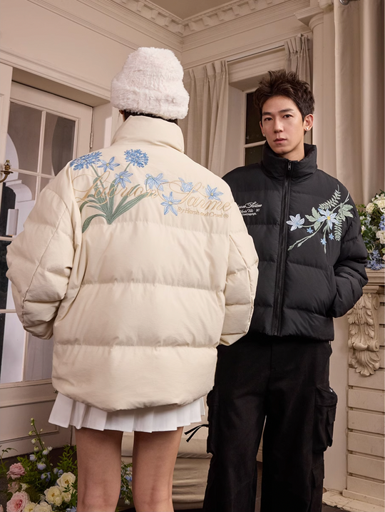 Harsh and Cruel Blue Flower Embroidery Puffer Jacket | Face 3 Face
