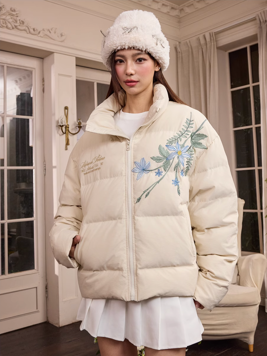 Harsh and Cruel Blue Flower Embroidery Puffer Jacket | Face 3 Face