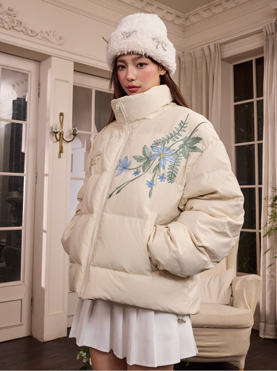 Harsh and Cruel Blue Flower Embroidery Puffer Jacket | Face 3 Face