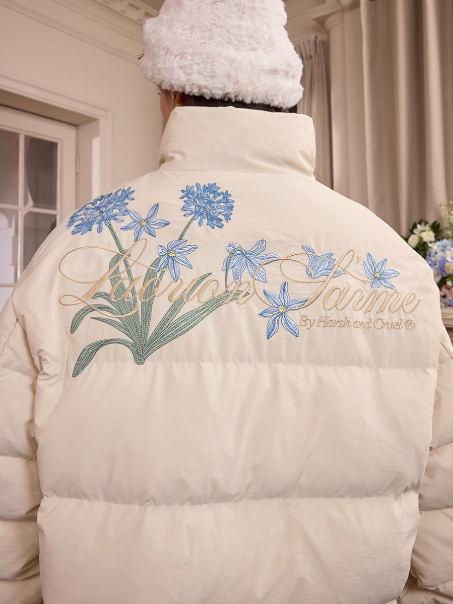 Harsh and Cruel Blue Flower Embroidery Puffer Jacket | Face 3 Face