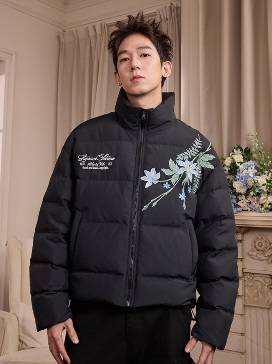 Harsh and Cruel Blue Flower Embroidery Puffer Jacket | Face 3 Face