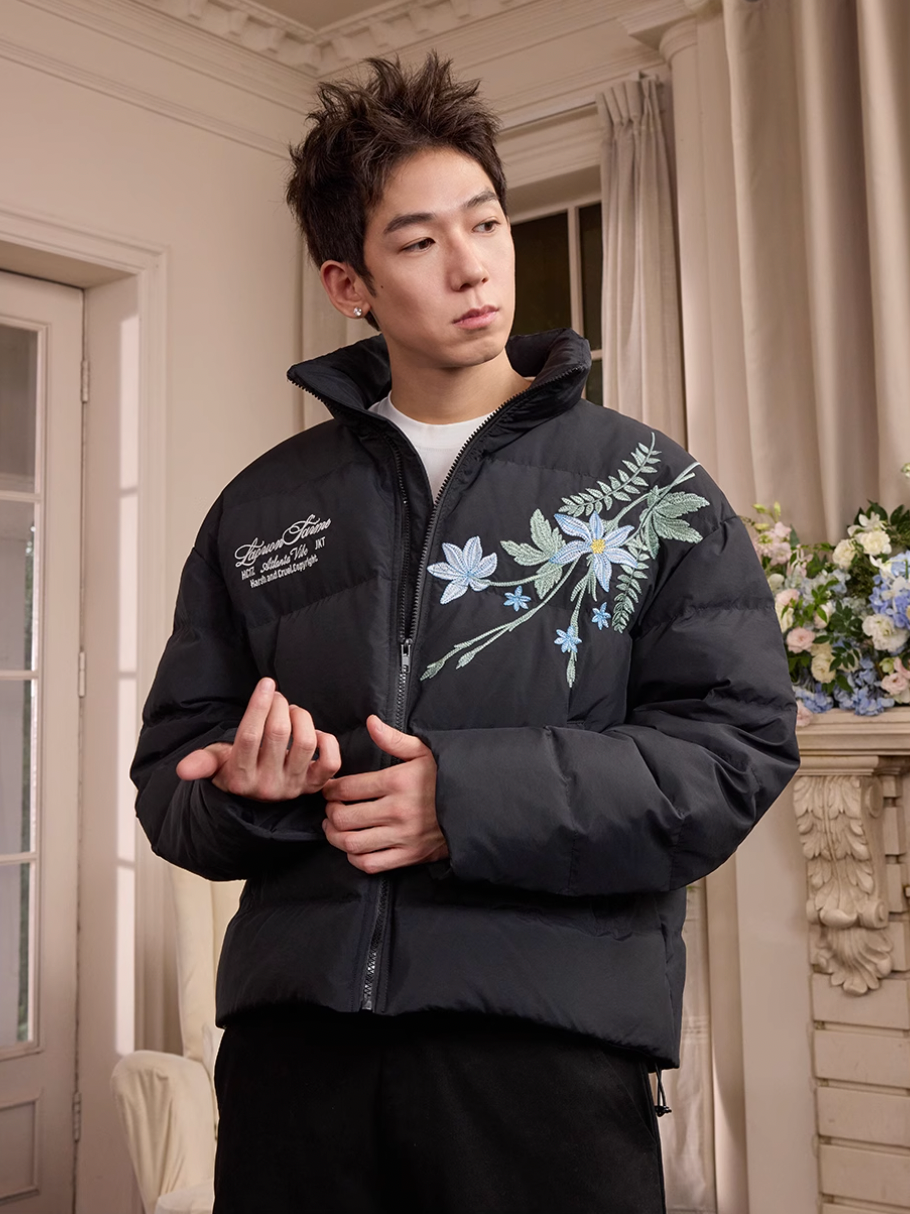 Harsh and Cruel Blue Flower Embroidery Puffer Jacket | Face 3 Face