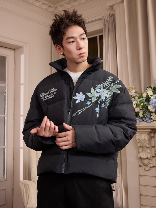 Harsh and Cruel Blue Flower Embroidery Puffer Jacket | Face 3 Face