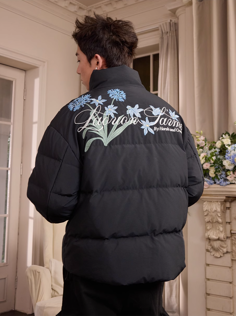 Harsh and Cruel Blue Flower Embroidery Puffer Jacket | Face 3 Face