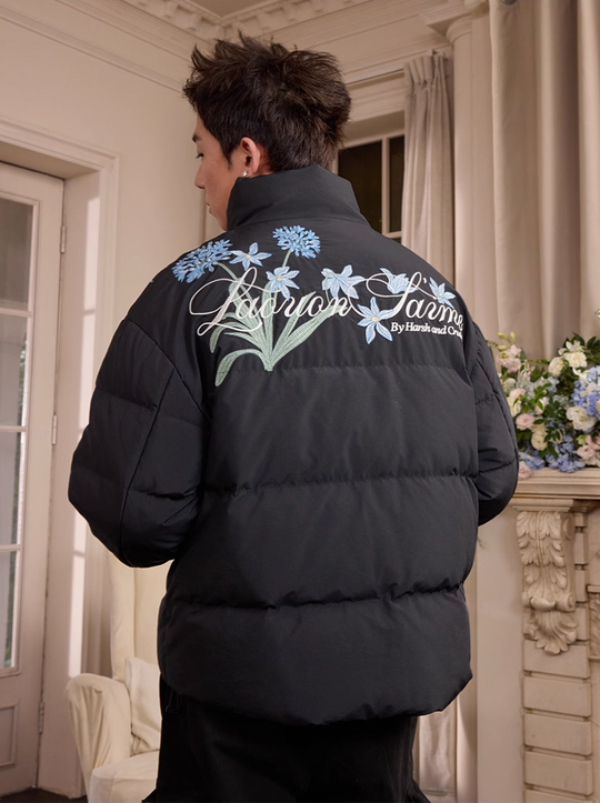 Harsh and Cruel Blue Flower Embroidery Puffer Jacket | Face 3 Face