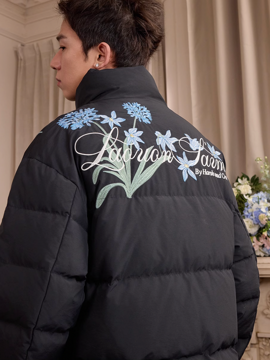 Harsh and Cruel Blue Flower Embroidery Puffer Jacket | Face 3 Face