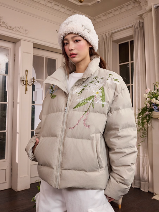 Harsh and Cruel Classic Flower Embroidery Puffer Jacket | Face 3 Face