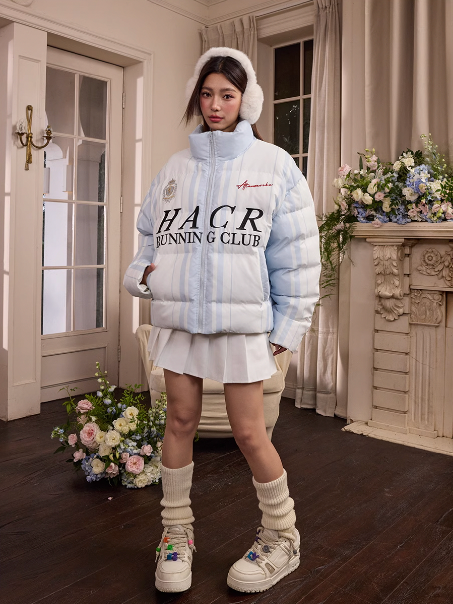 Harsh and Cruel Sport Stripe Football Club Logo Embroidered Puffer Jacket | Face 3 Face