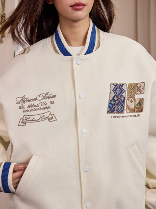 Harsh and Cruel Ethnic Pattern Patch Embroidered Varsity Jacket | Face 3 Face