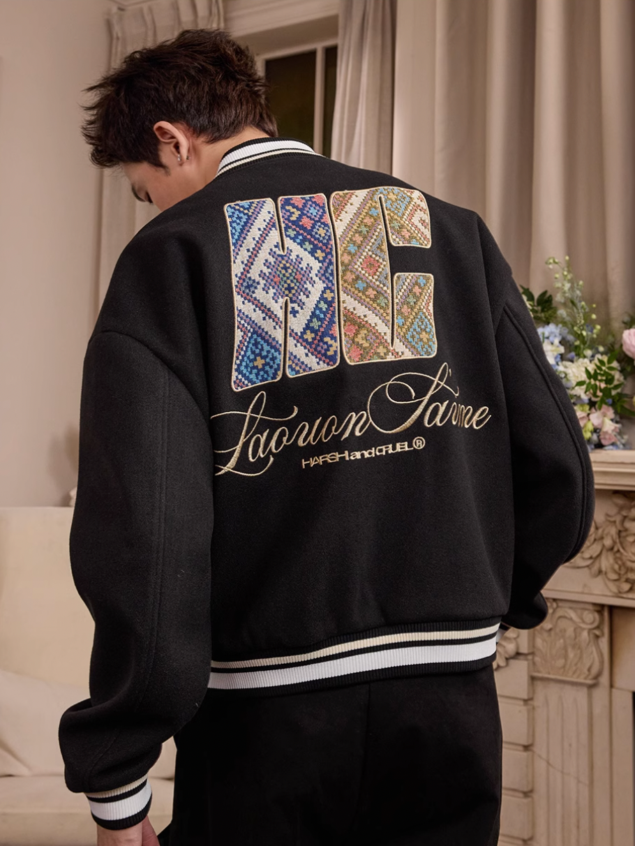 Harsh and Cruel Ethnic Pattern Patch Embroidered Varsity Jacket | Face 3 Face