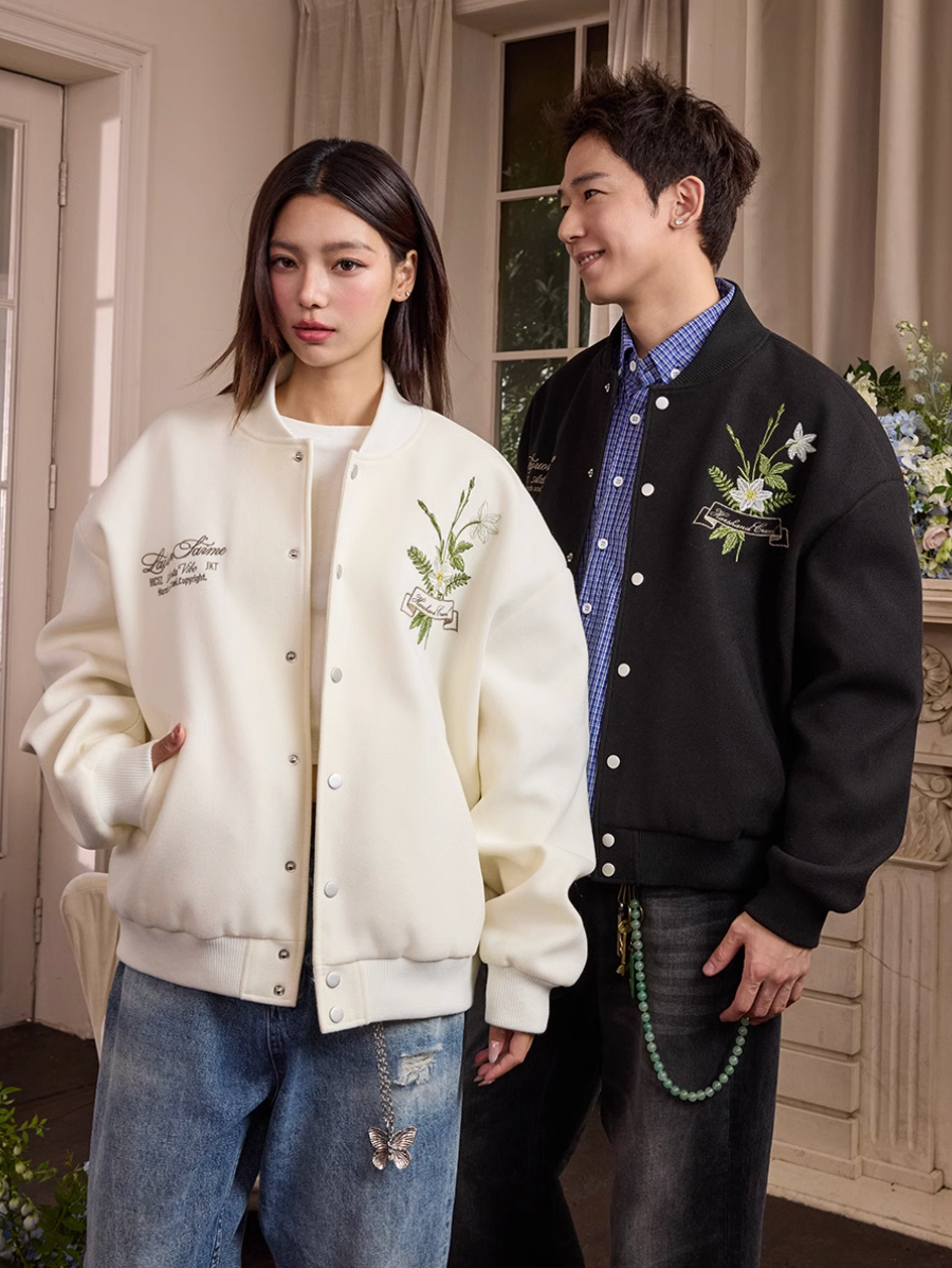 Harsh and Cruel Floral Script Embroidery Varsity Jacket | Face 3 Face