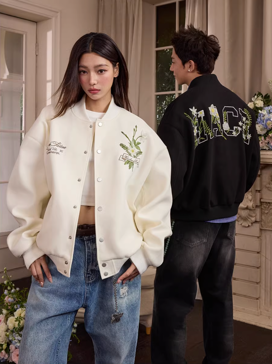 Harsh and Cruel Floral Script Embroidery Varsity Jacket | Face 3 Face