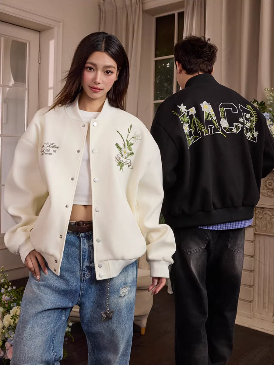 Harsh and Cruel Floral Script Embroidery Varsity Jacket | Face 3 Face