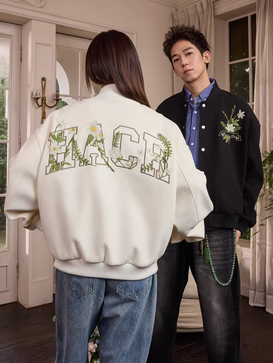 Harsh and Cruel Floral Script Embroidery Varsity Jacket | Face 3 Face