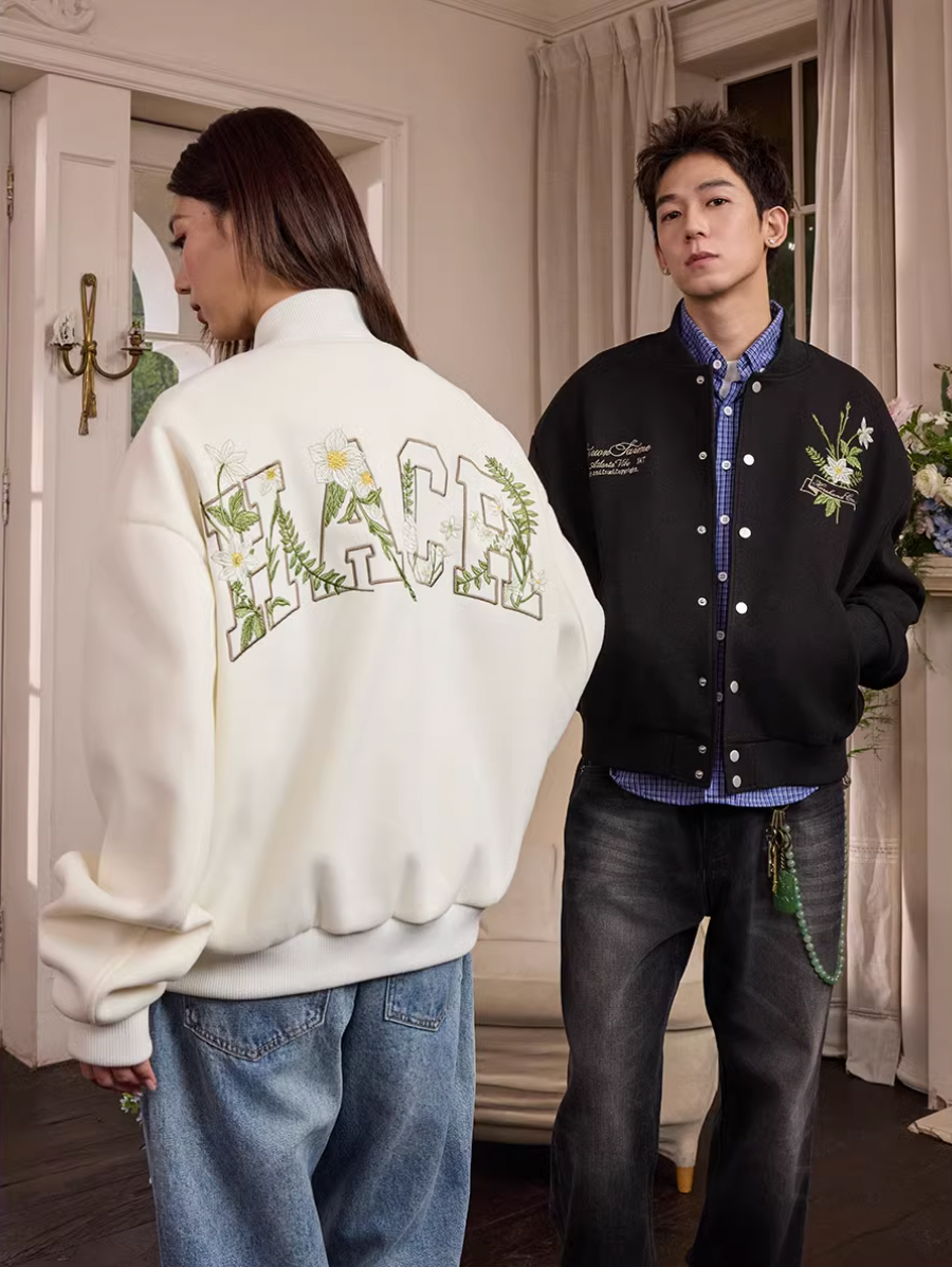 Harsh and Cruel Floral Script Embroidery Varsity Jacket | Face 3 Face