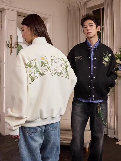Harsh and Cruel Floral Script Embroidery Varsity Jacket | Face 3 Face