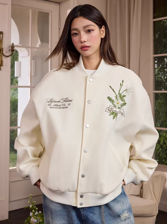 Harsh and Cruel Floral Script Embroidery Varsity Jacket | Face 3 Face