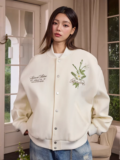 Harsh and Cruel Floral Script Embroidery Varsity Jacket | Face 3 Face