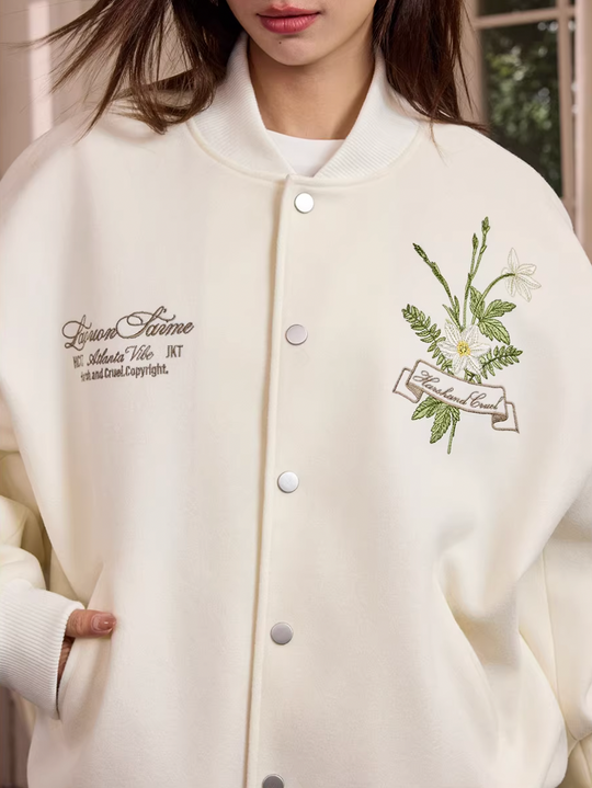 Harsh and Cruel Floral Script Embroidery Varsity Jacket | Face 3 Face