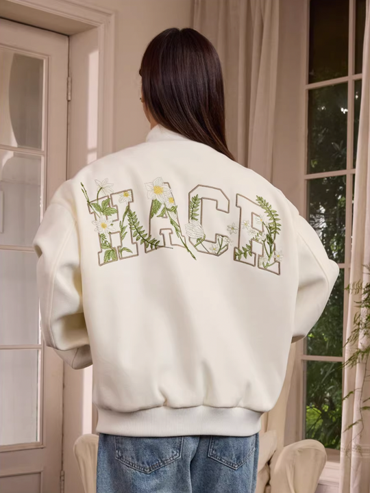 Harsh and Cruel Floral Script Embroidery Varsity Jacket | Face 3 Face