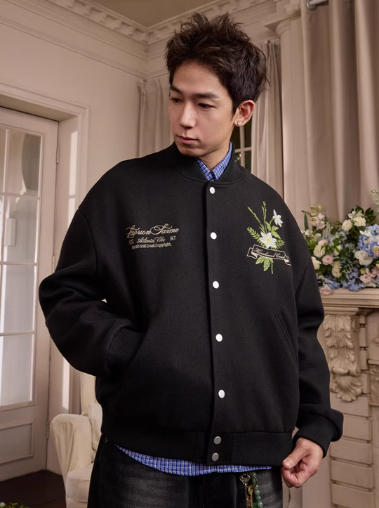 Harsh and Cruel Floral Script Embroidery Varsity Jacket | Face 3 Face