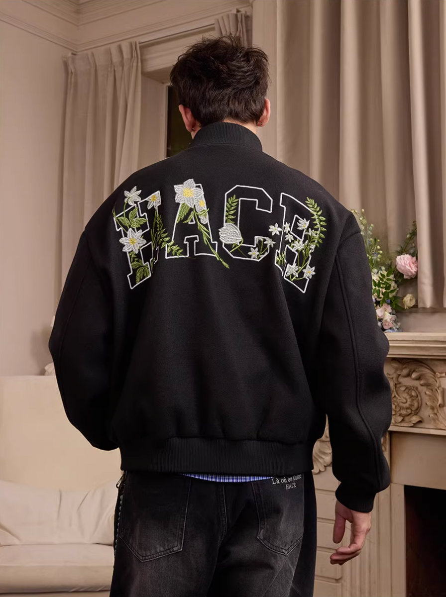 Harsh and Cruel Floral Script Embroidery Varsity Jacket | Face 3 Face