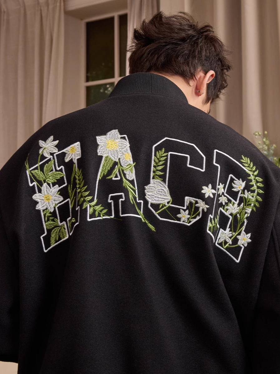 Harsh and Cruel Floral Script Embroidery Varsity Jacket | Face 3 Face