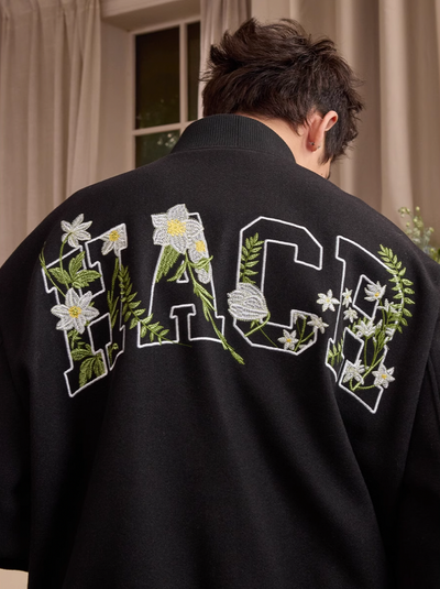 Harsh and Cruel Floral Script Embroidery Varsity Jacket | Face 3 Face