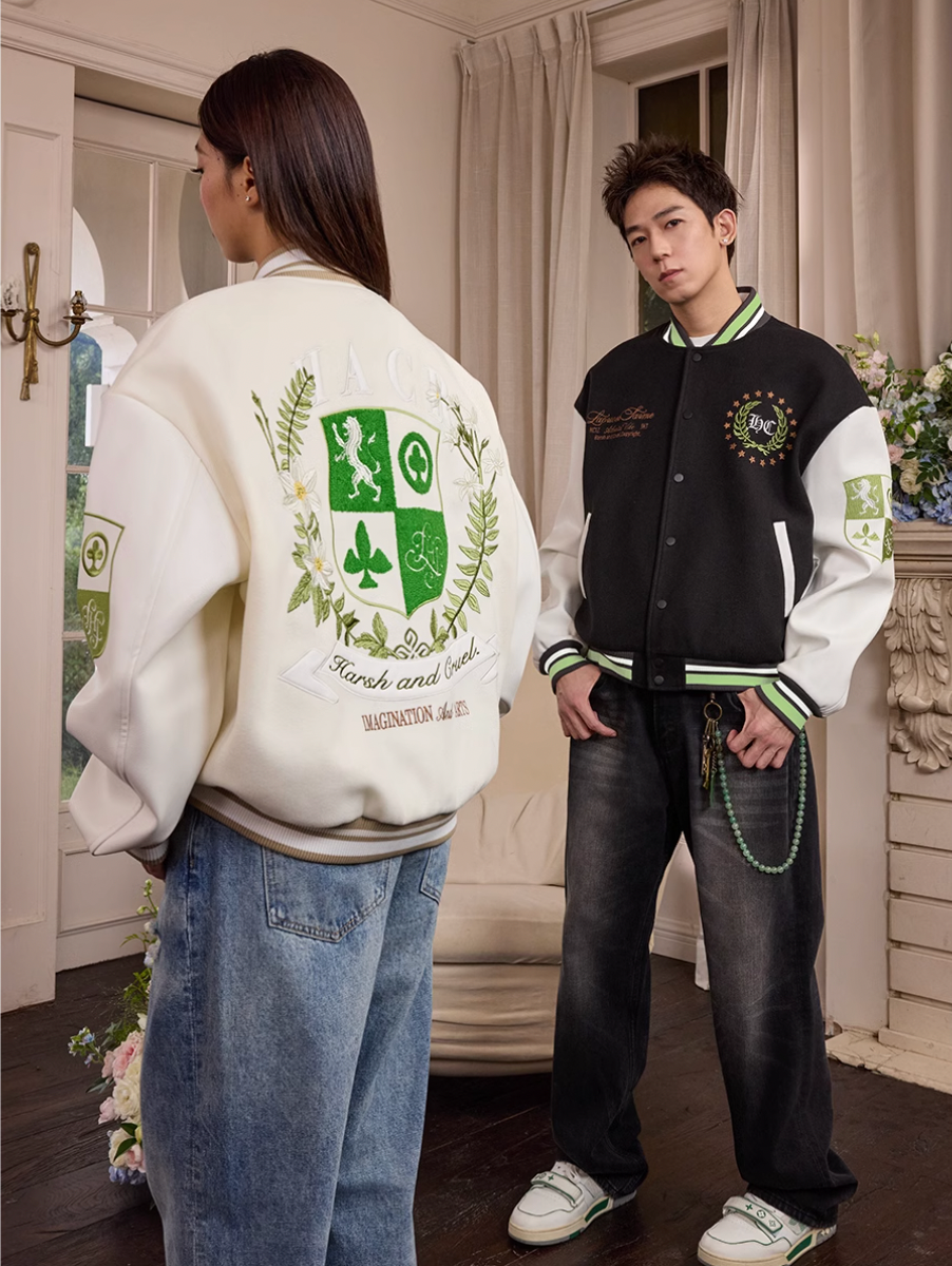 Harsh and Cruel Wreath Shield Badge Embroidered Varsity Jacket | Face 3 Face