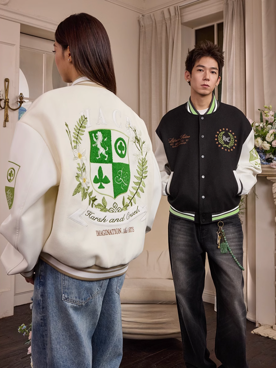 Harsh and Cruel Wreath Shield Badge Embroidered Varsity Jacket | Face 3 Face