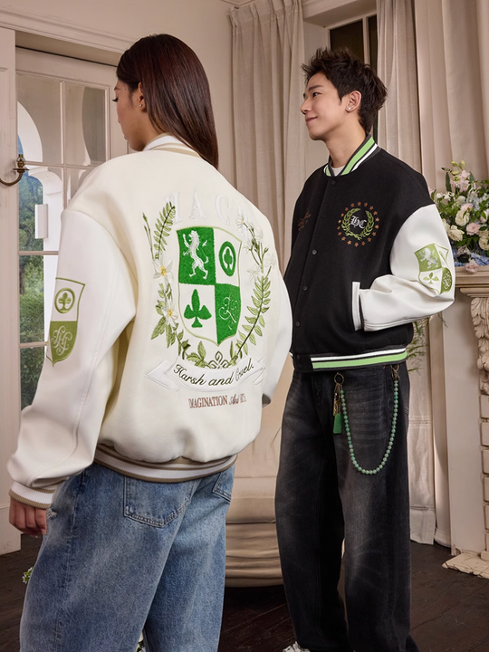 Harsh and Cruel Wreath Shield Badge Embroidered Varsity Jacket | Face 3 Face