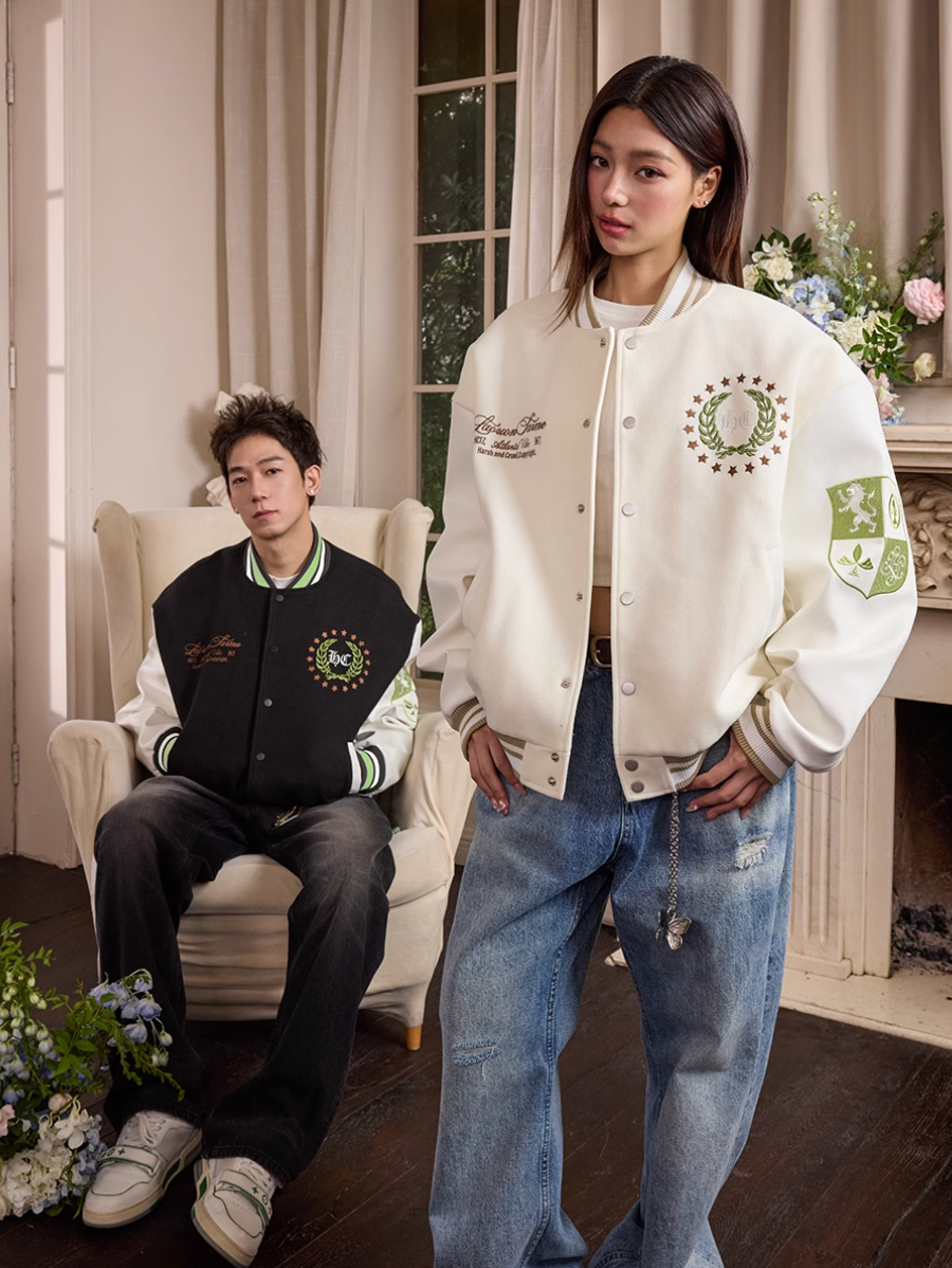 Harsh and Cruel Wreath Shield Badge Embroidered Varsity Jacket | Face 3 Face