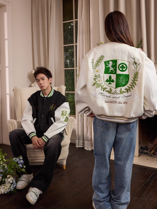 Harsh and Cruel Wreath Shield Badge Embroidered Varsity Jacket | Face 3 Face