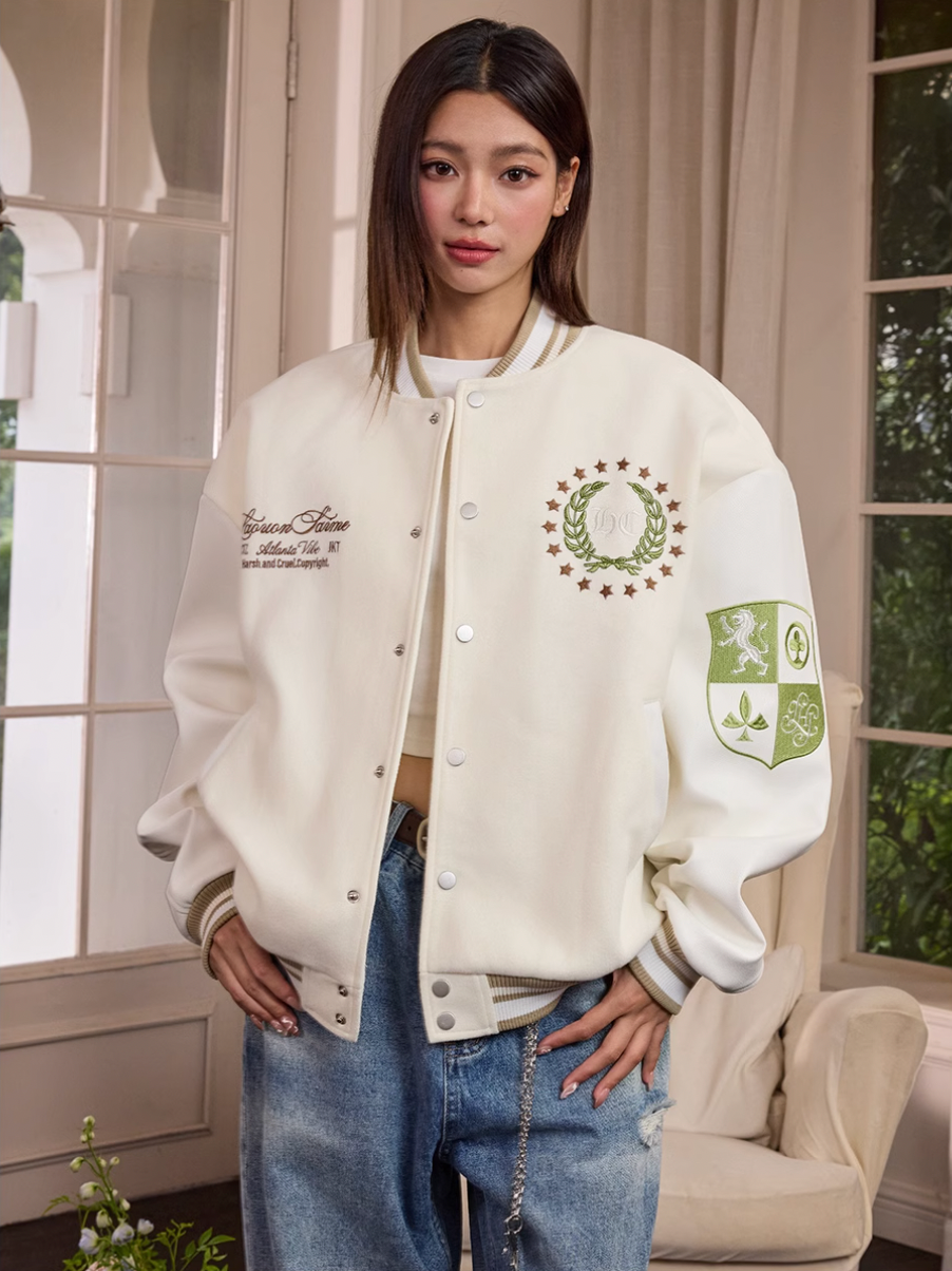 Harsh and Cruel Wreath Shield Badge Embroidered Varsity Jacket | Face 3 Face