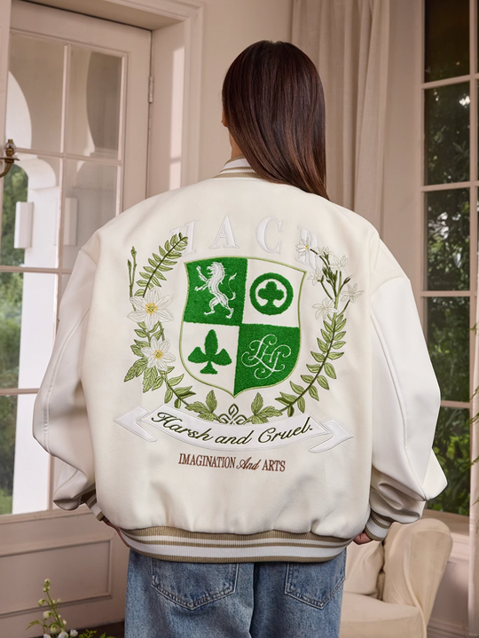 Harsh and Cruel Wreath Shield Badge Embroidered Varsity Jacket | Face 3 Face