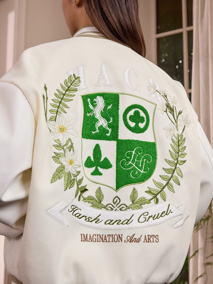 Harsh and Cruel Wreath Shield Badge Embroidered Varsity Jacket | Face 3 Face